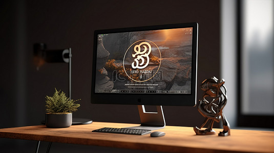 在桌面上显示徽标设计的计算机屏幕的 3D 渲染