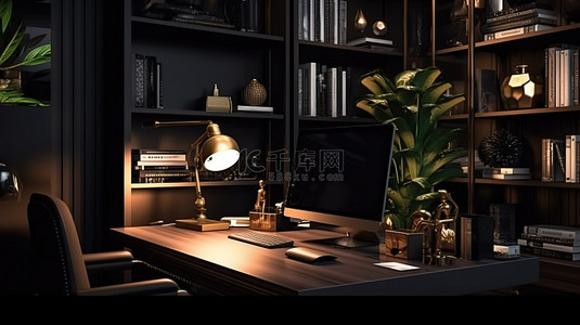 时尚而现代的家庭办公室特写办公桌，在昏暗的灯光 3D 渲染中配有平板电脑屏幕模型