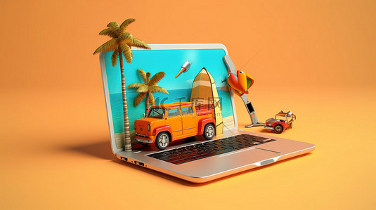 带有复制空间的 3D 计算机插图，用于在线暑假预订概念