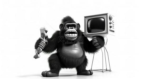 猴子下山背景图片_有趣的 3D 大猩猩拿着迷你电视和扩音器