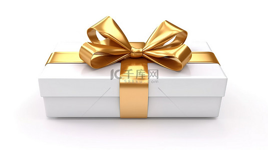 象牙纸盒礼品盒象牙蝴蝶结装饰礼品卡，金色丝带放置在 3D 创建的纯白色表面上