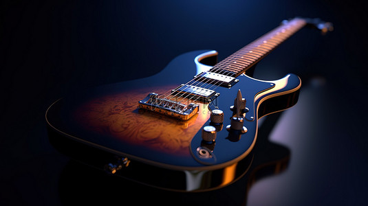 电吉他背景图片_灯光昏暗的工作室中的电吉他 3D 渲染的乐器
