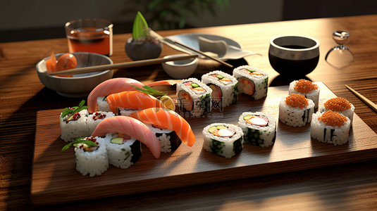 龙井虾仁背景图片_3d 渲染的日本寿司拼盘