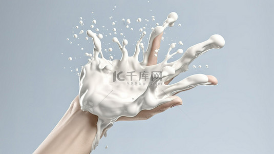 3d 渲染的手形牛奶飞溅从玻璃溢出