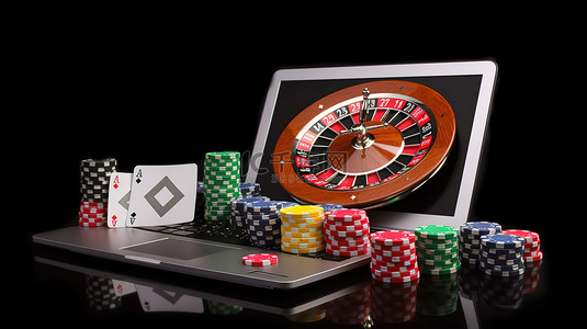 游戏笔记本电脑，配有赌场必需品老虎机轮盘筹码卡和骰子