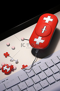 连接到电脑鼠标的红十字平板电脑和药丸