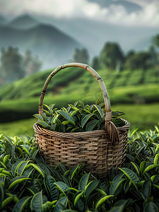 凉青茶叶摄影照片_装满茶的竹篮茶园摄影图
