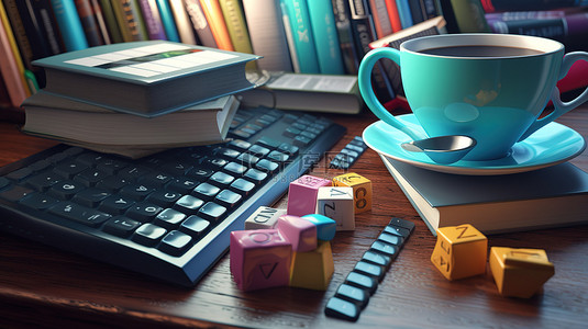 想象阅读数字图书馆 3D 渲染的未来，其中包括书籍电脑键盘和杯子