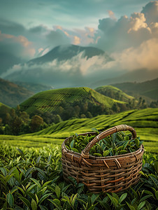 装满茶的竹篮茶园摄影图