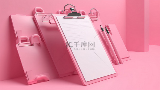 使用剪贴板在粉红色背景上渲染清单文档的 3D 插图