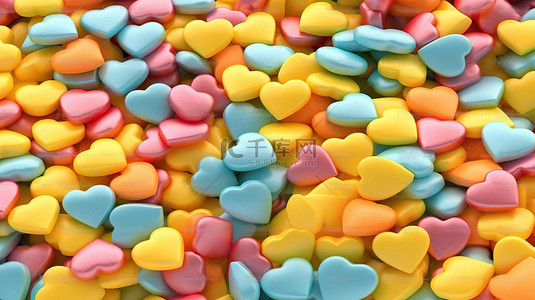 浪漫甜蜜爱心背景图片_1 以五彩心形糖果堆为背景的极端特写 3D 渲染