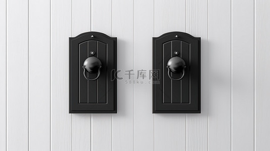 门把手挂牌背景图片_门衣架模型的 3D 插图，在封闭的黑白门上带有文本空间