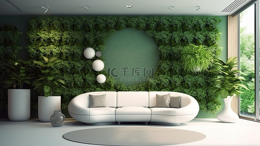 绿色为背景图片_以绿色墙壁为特色的当代客厅内部的 3D 渲染
