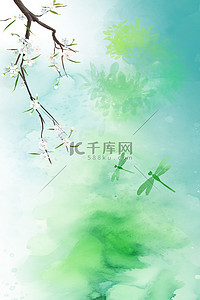 绿色谷雨雨水蜻蜓花枝春季春天水彩背景