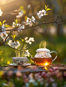 春天桃花树下喝茶照片
