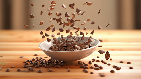 巧克力木板背景图片_巧克力片层叠到瓷碗和木板上的 3D 插图
