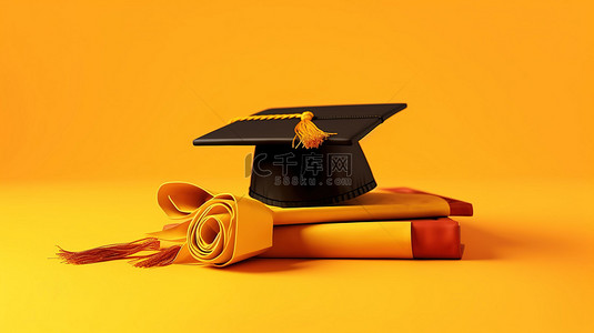 黄色学习背景图片_黄色背景下孤立文凭和学位帽的 3D 插图