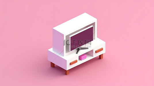 平面白色和粉色家居用品 3D 图标，配有单个白色等距电视柜