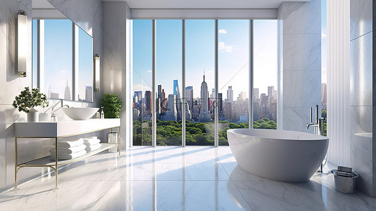 豪华浴室的 3D 渲染，配有大理石瓷砖和俯瞰城市的大窗户