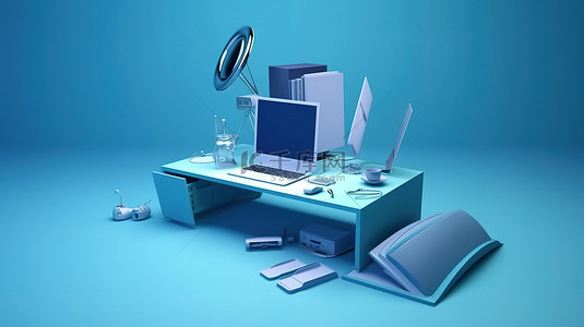 在蓝色背景下以 3D 渲染的方式用笔记本电脑漂浮的办公必需品