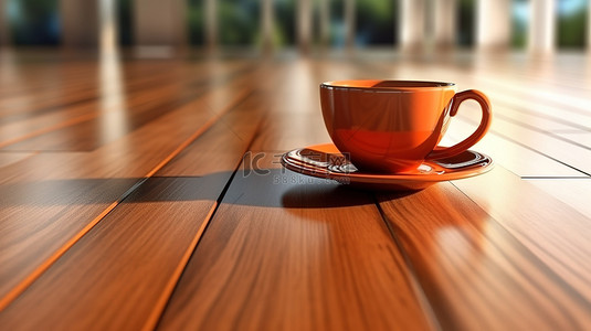 木地板与 3D 渲染的咖啡杯