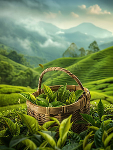 装满茶的竹篮茶园摄影照片