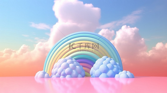 天空中柔和的彩虹和云彩的 3D 渲染图像