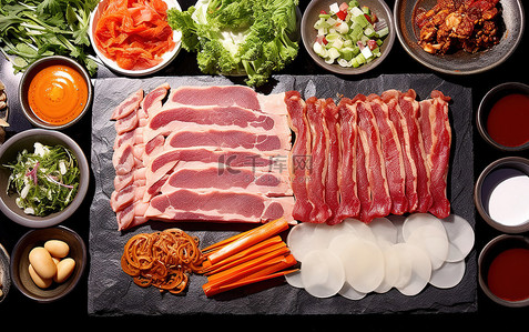 肥牛包饭背景图片_韩国烧烤晚餐摆满了蔬菜的桌子上