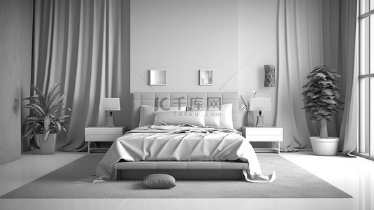时尚时尚的单色卧室配有双人床和边桌平面设计单色内饰 3D 渲染
