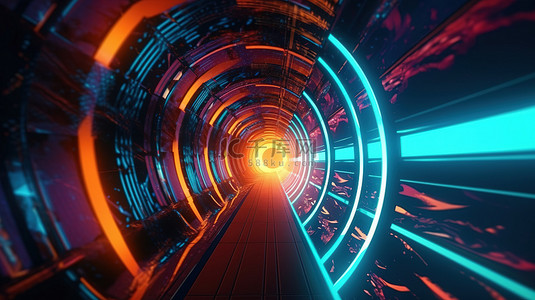 复古霓虹灯超扭曲空间隧道 3D 插图中的抽象飞行