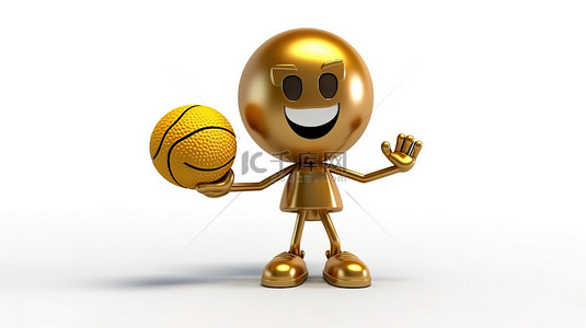 体育胜利背景图片_3D 渲染的体育吉祥物可爱的卡通玩具篮球人，白色背景上有金色奖杯
