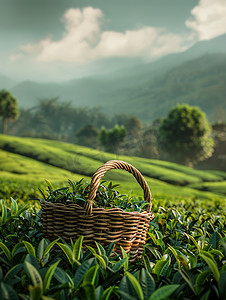 装满茶的竹篮茶园图片