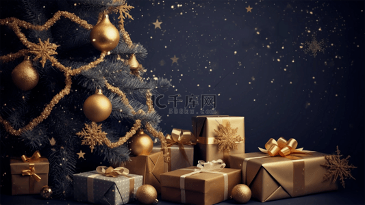 红色精美背景图片_圣诞节冬季金色礼品精美蓝色丝带