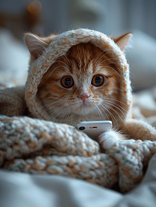 拿着手机的猫摄影照片_可爱的小猫拿着智能手机照片