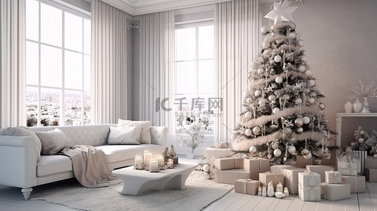 节日客厅圣诞树礼品盒和长袜的 3D 渲染