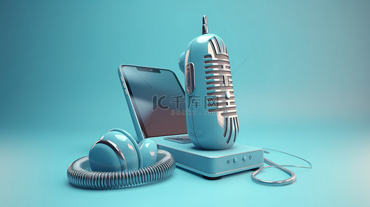 老式麦克风和耳机，配有智能手机 3D 渲染蓝色背景