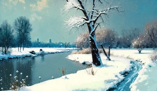 冬天可爱背景背景图片_田园冬天河畔背景