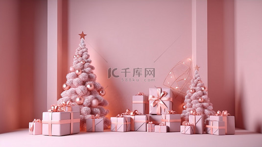 挂贺卡的圣诞树背景图片_3D 渲染的圣诞树形礼品盒，墙上挂着浅粉色花环和金饰