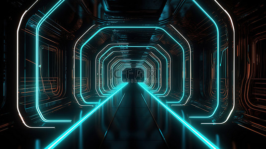 沉浸式霓虹灯隧道发光线和抽象背景的 3D 渲染