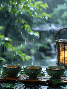 春天下雨天品茶休闲生活高清图片