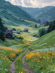 春天开满野花的山谷高清图片