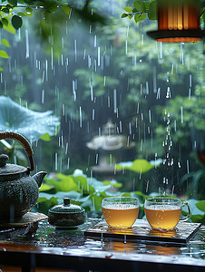 春天下雨天品茶休闲生活摄影照片