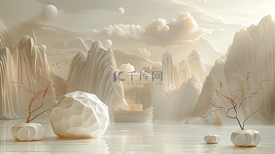 中式电商展台背景图片_珍珠白水墨画电商展台背景素材