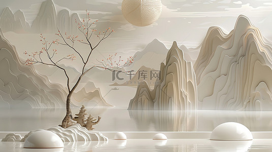 中式背景背景图片_珍珠白水墨画电商展台背景