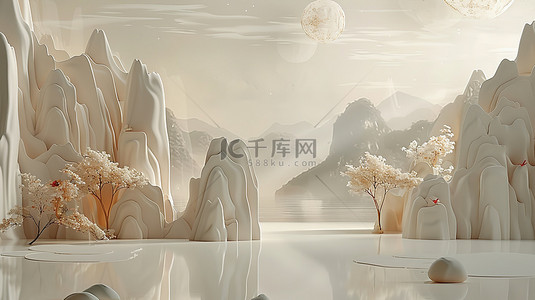 新中式展台背景图片_珍珠白水墨画电商展台素材