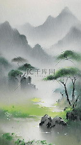 清明节国风雨中春景背景图片