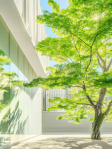 春天绿树摄影照片_一棵绿树生长在现代建筑旁图片