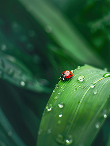 绿色水滴树叶摄影照片_树叶上水滴的瓢虫照片