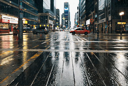 城市雨天摄影照片_下雨的街道城市路面摄影配图