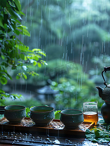 谷雨实景摄影照片_春天下雨天品茶休闲生活摄影图